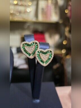 Gold Plated Heart Earrings with Green Accents - Women Jewelry